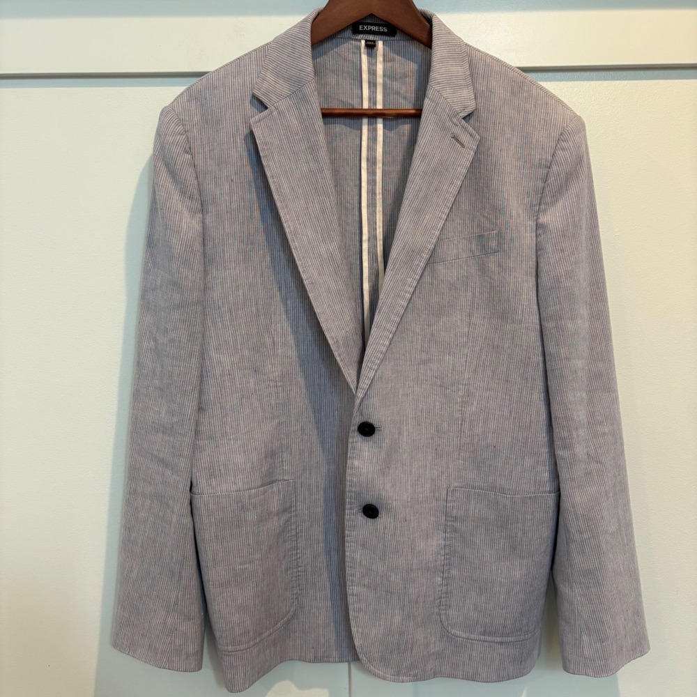 Linen Blend Blazer 44R Blue Striped Slim Fit Casual Jacket Express Lightweight - Picture 2 of 15